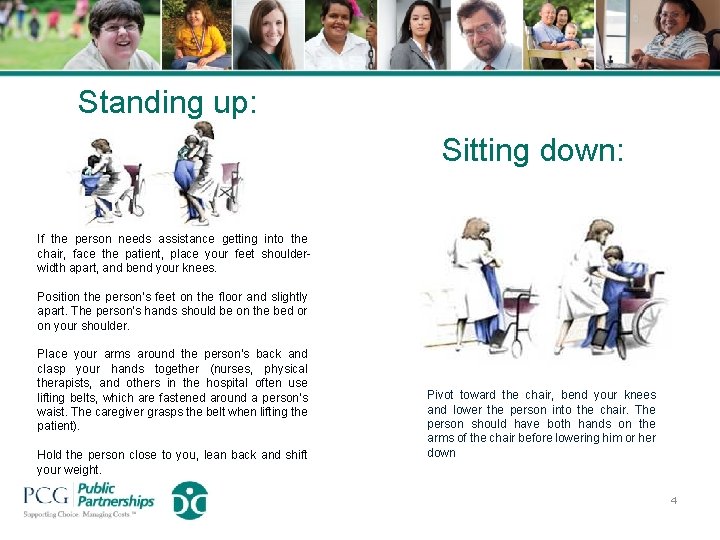 Standing up: Sitting down: If the person needs assistance getting into the chair, face Standing up: Sitting down: If the person needs assistance getting into the chair, face