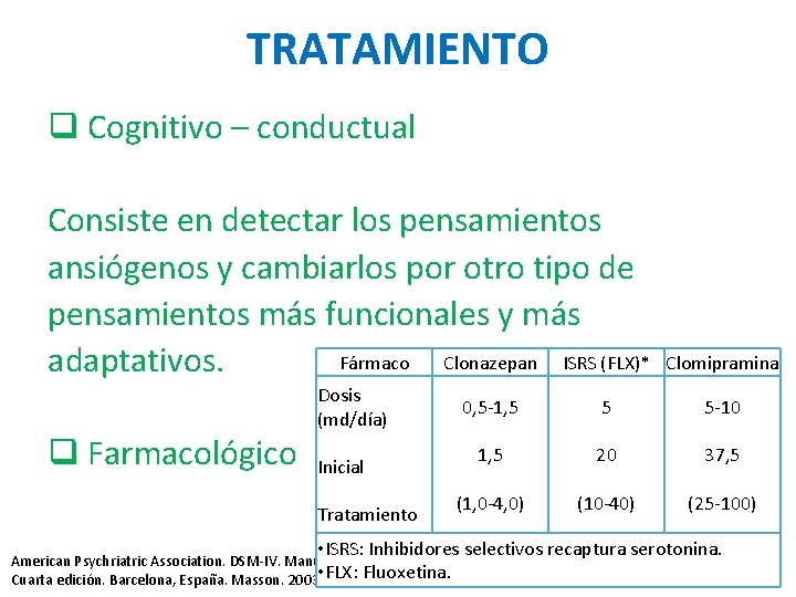 TRATAMIENTO q Cognitivo – conductual Consiste en detectar los pensamientos ansiógenos y cambiarlos por