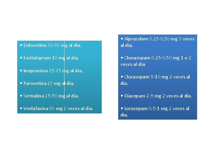  • Duloxetina 30 -60 mg al dia. • Escitalopram 10 mg al dia.