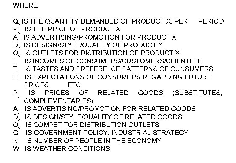 WHERE Qx IS THE QUANTITY DEMANDED OF PRODUCT X, PERIOD Px IS THE PRICE