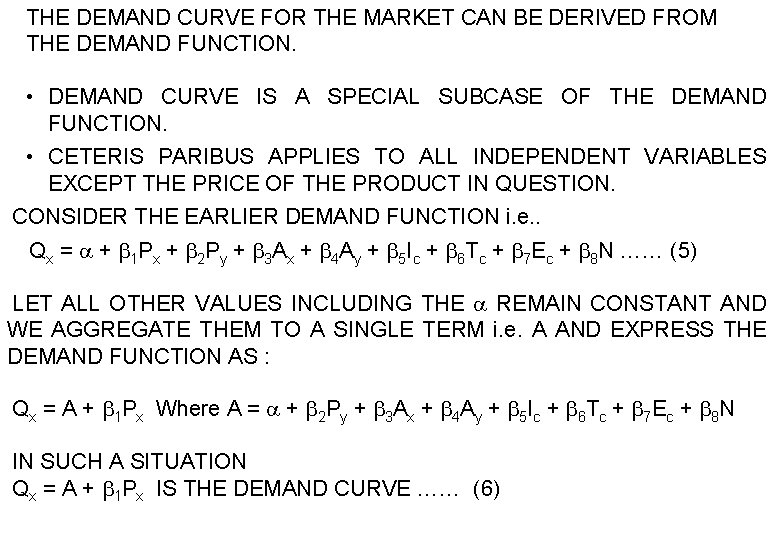 THE DEMAND CURVE FOR THE MARKET CAN BE DERIVED FROM THE DEMAND FUNCTION. •