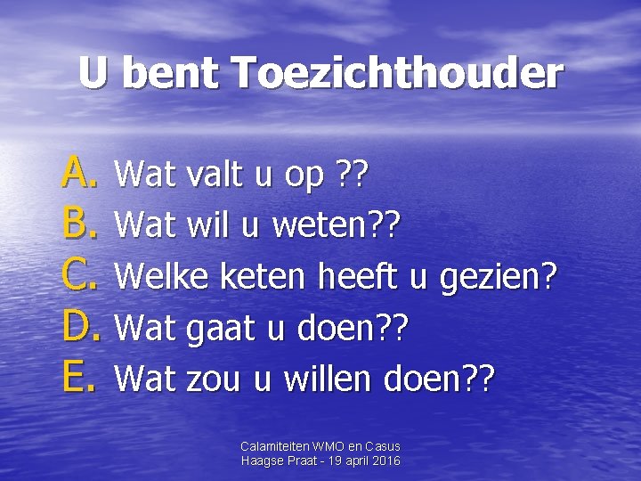 U bent Toezichthouder A. Wat valt u op ? ? B. Wat wil u