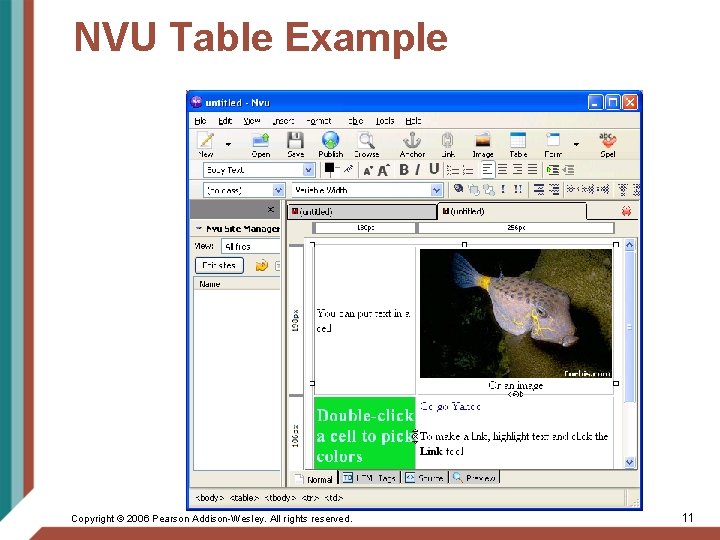 NVU Table Example Copyright © 2006 Pearson Addison-Wesley. All rights reserved. 11 