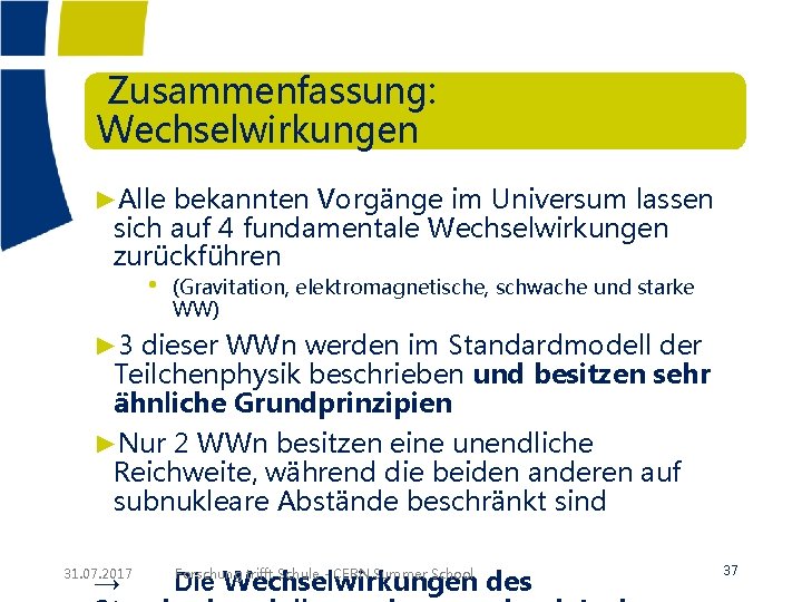  Zusammenfassung: Wechselwirkungen ►Alle bekannten Vorgänge im Universum lassen sich auf 4 fundamentale Wechselwirkungen