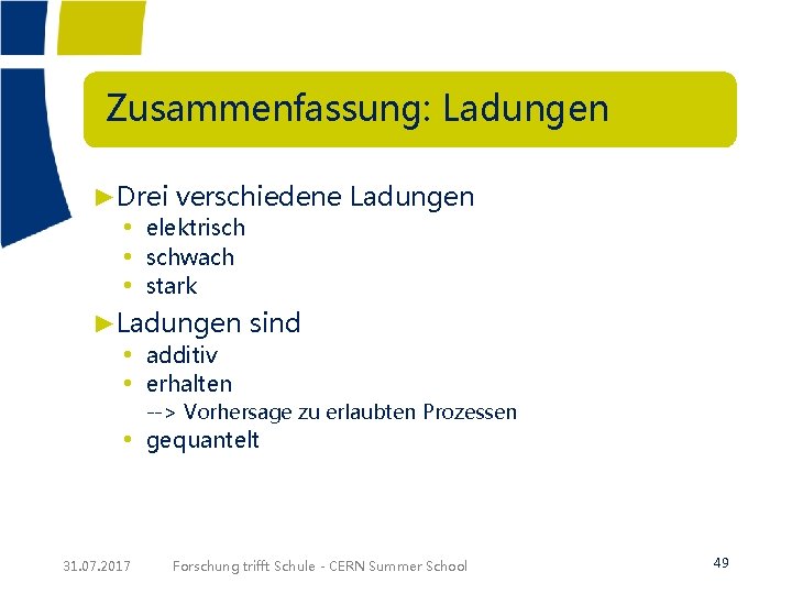  Zusammenfassung: Ladungen ►Drei verschiedene Ladungen • elektrisch • schwach • stark ►Ladungen sind