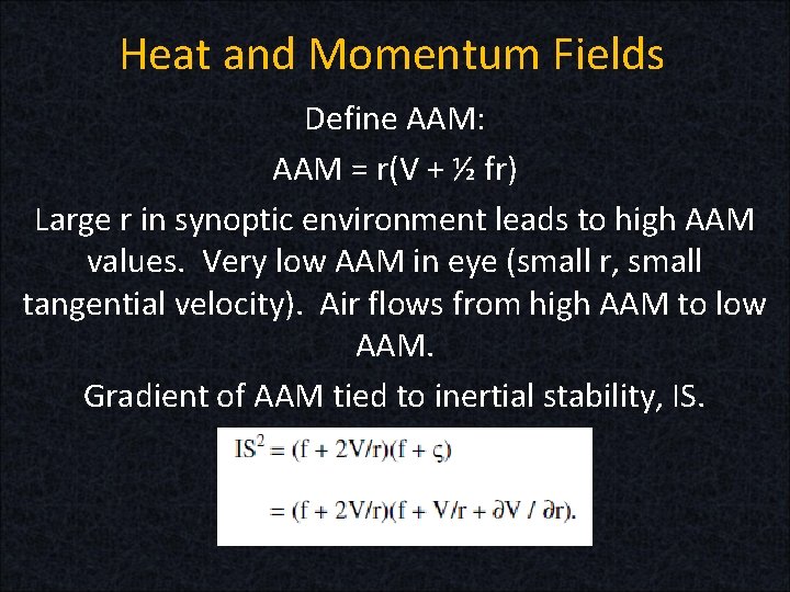 Heat and Momentum Fields Define AAM: AAM = r(V + ½ fr) Large r Heat and Momentum Fields Define AAM: AAM = r(V + ½ fr) Large r