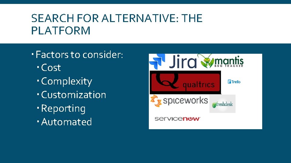 SEARCH FOR ALTERNATIVE: THE PLATFORM Factors to consider: Cost Complexity Customization Reporting Automated 