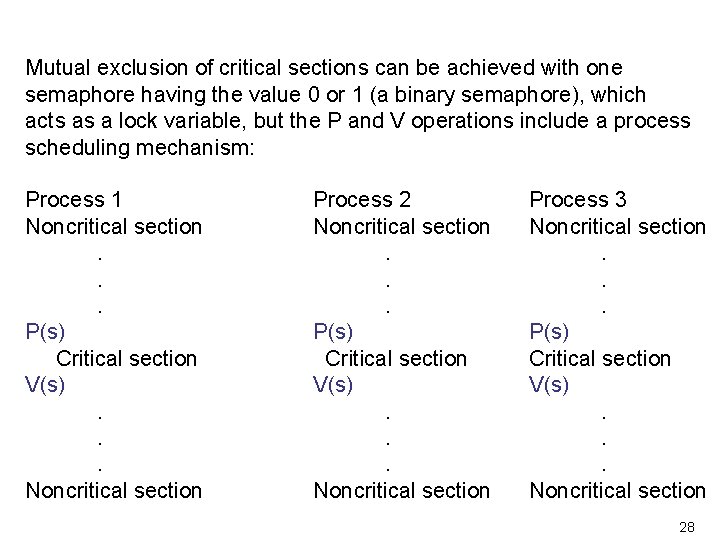 Mutual exclusion of critical sections can be achieved with one semaphore having the value