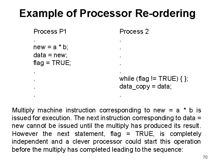 Example of Processor Re-ordering Process P 1. new = a * b; data =