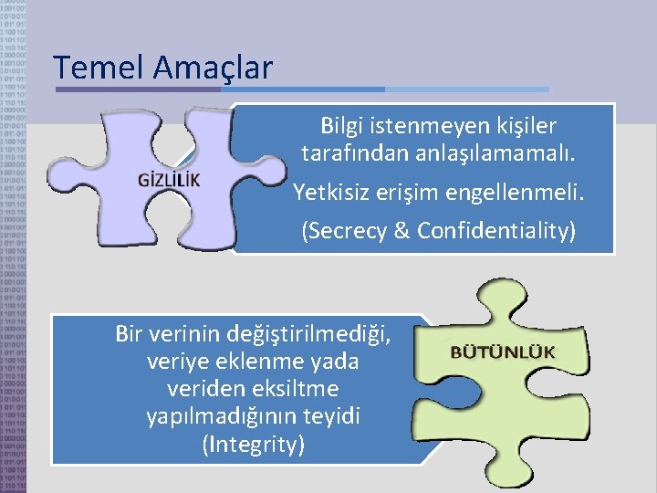 Temel Amaçlar Bilgi istenmeyen kişiler tarafından anlaşılamamalı. Yetkisiz erişim engellenmeli. (Secrecy & Confidentiality) Bir