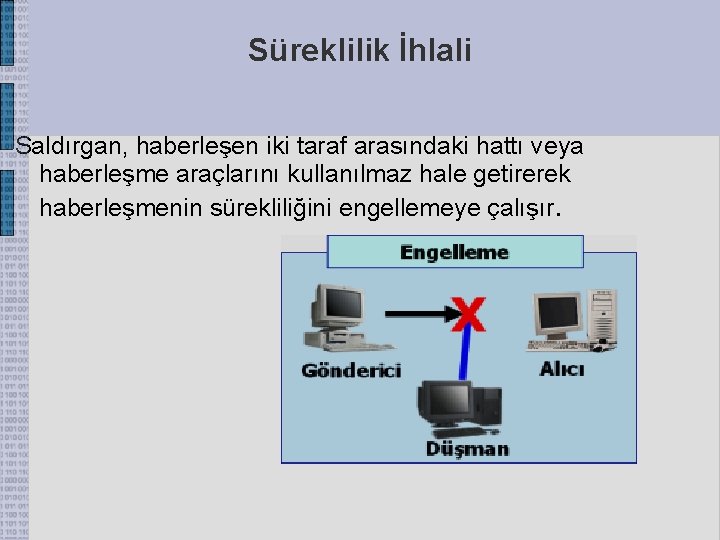 Süreklilik İhlali Saldırgan, haberleşen iki taraf arasındaki hattı veya haberleşme araçlarını kullanılmaz hale getirerek