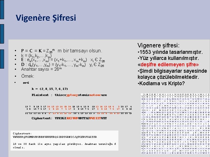 Vigenère Şifresi • P = C = K = Z 26 • m m