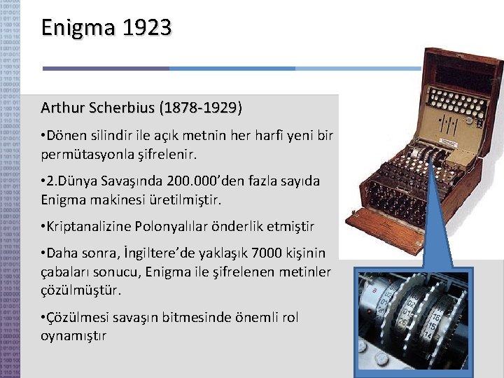 Enigma 1923 Arthur Scherbius (1878 -1929) 1878 -1929 • Dönen silindir ile açık metnin