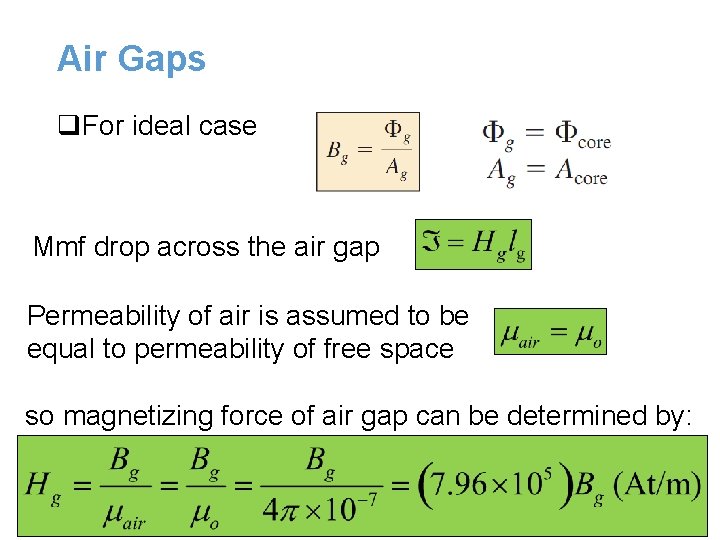 Air Gaps q. For ideal case Mmf drop across the air gap Permeability of Air Gaps q. For ideal case Mmf drop across the air gap Permeability of