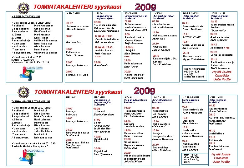 TOIMINTAKALENTERI syyskausi HEINÄKUU 01. 07 Rotaryvuoden avaus Martti Andersson 05. 08 100 mb laajakaistan