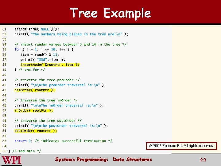 Tree Example 2007 Pearson Ed -All rights reserved. Systems Programming: Data Structures 29 
