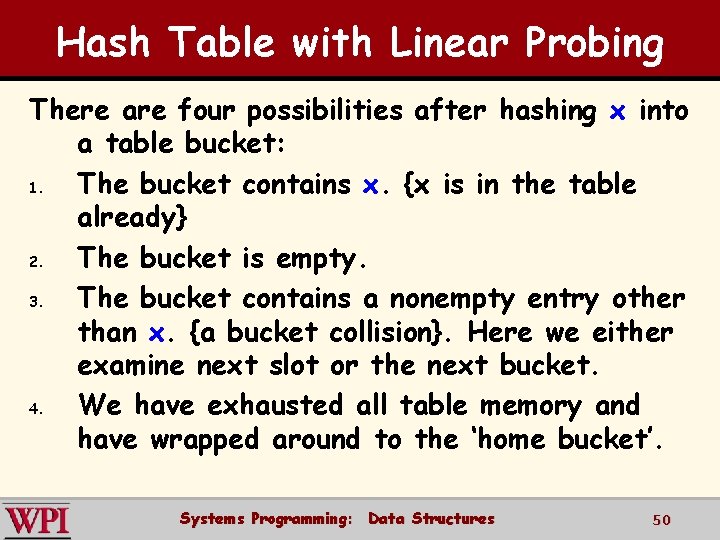 Hash Table with Linear Probing There are four possibilities after hashing x into a