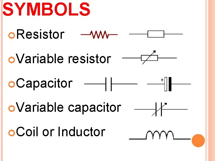 SYMBOLS Resistor Variable resistor Capacitor Variable Coil capacitor or Inductor 