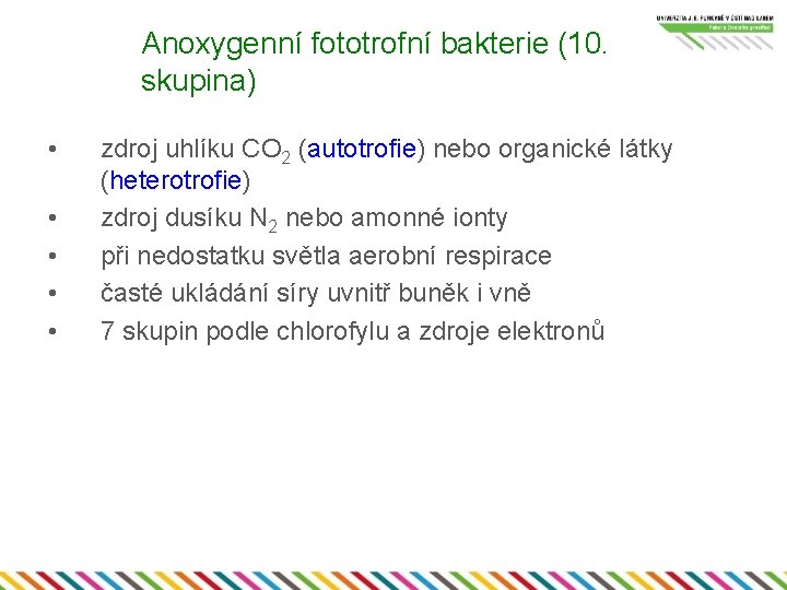 Anoxygenní fototrofní bakterie (10. skupina) • • • zdroj uhlíku CO 2 (autotrofie) nebo