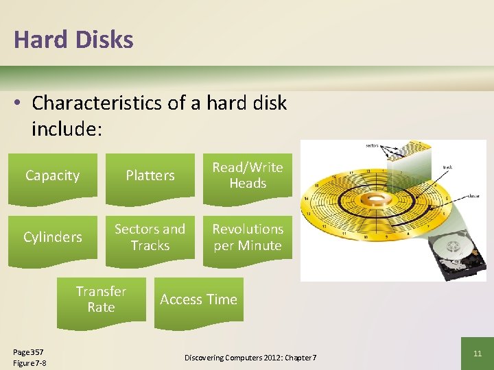 Hard Disks • Characteristics of a hard disk include: Capacity Platters Read/Write Heads Cylinders