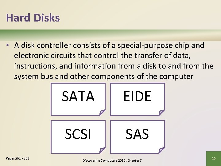 Hard Disks • A disk controller consists of a special-purpose chip and electronic circuits