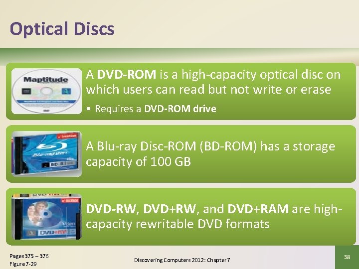 Optical Discs A DVD-ROM is a high-capacity optical disc on which users can read