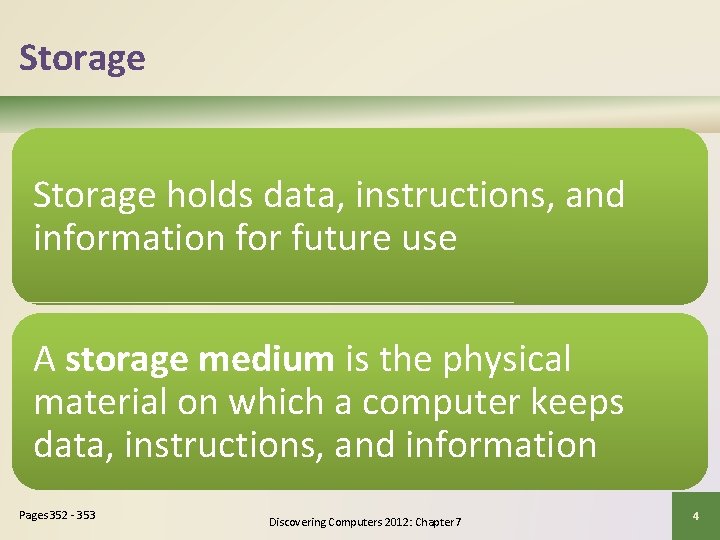 Storage holds data, instructions, and information for future use A storage medium is the