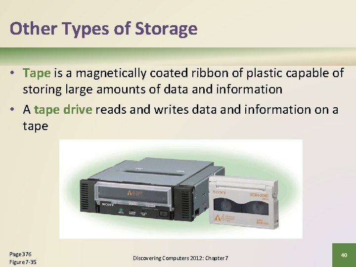 Other Types of Storage • Tape is a magnetically coated ribbon of plastic capable