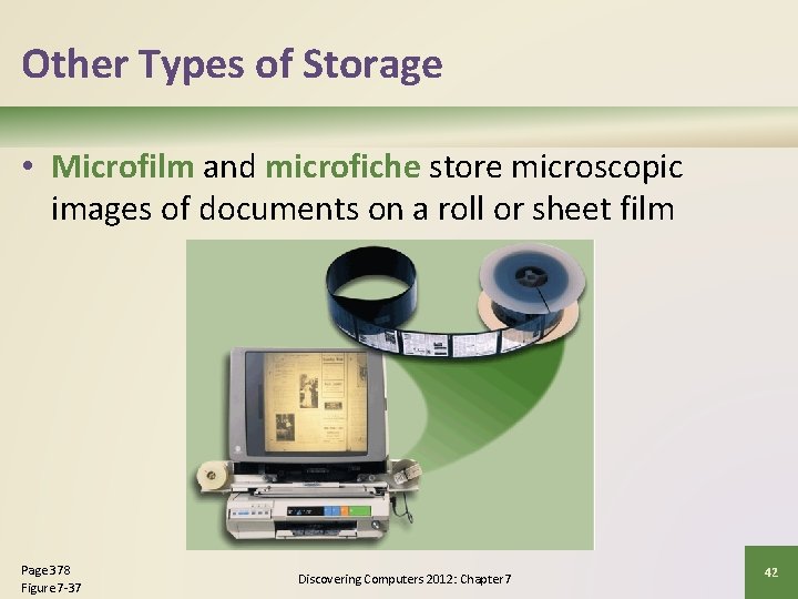 Other Types of Storage • Microfilm and microfiche store microscopic images of documents on