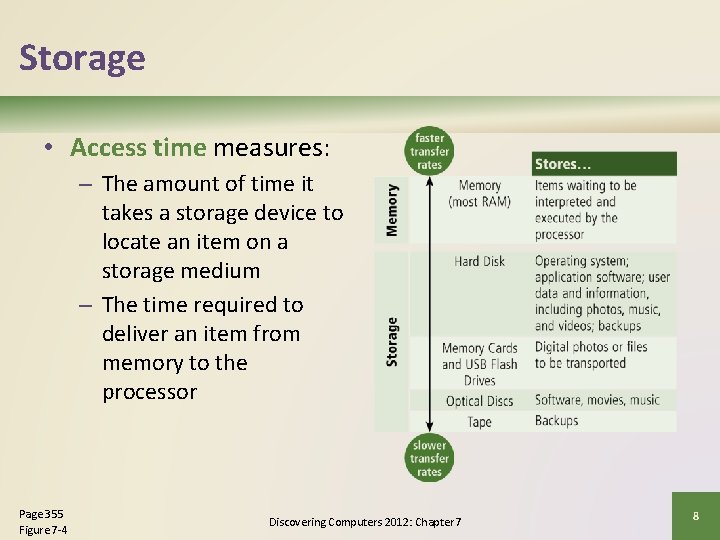 Storage • Access time measures: – The amount of time it takes a storage