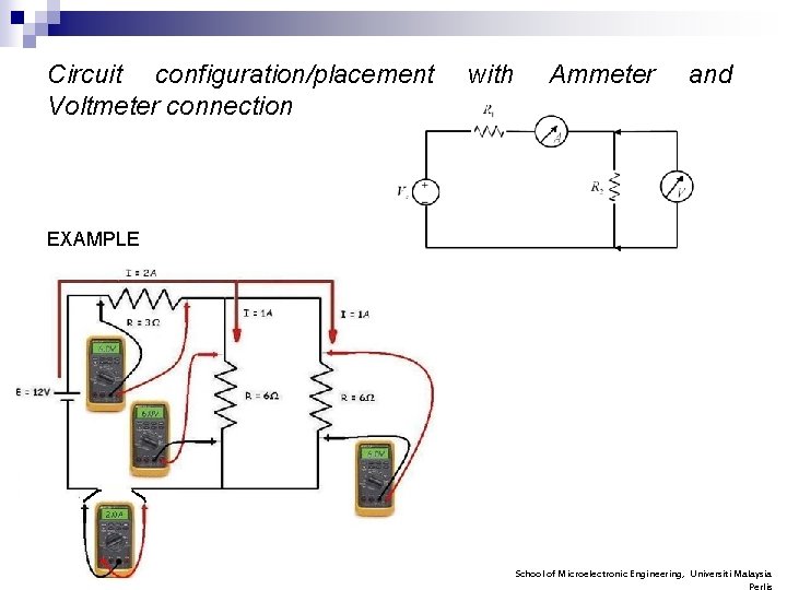Circuit configuration/placement Voltmeter connection with Ammeter and EXAMPLE School of Microelectronic Engineering, Universiti Malaysia