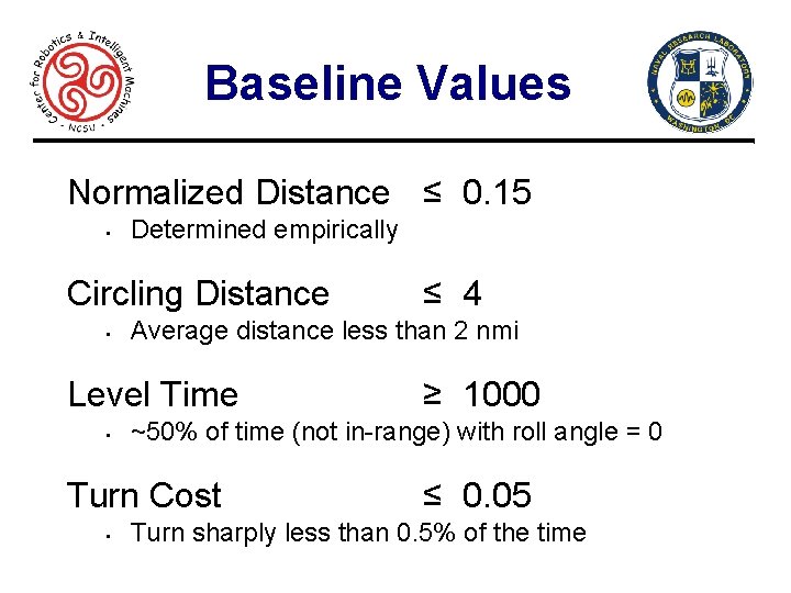 Baseline Values Normalized Distance ≤ 0. 15 • Determined empirically Circling Distance • Average
