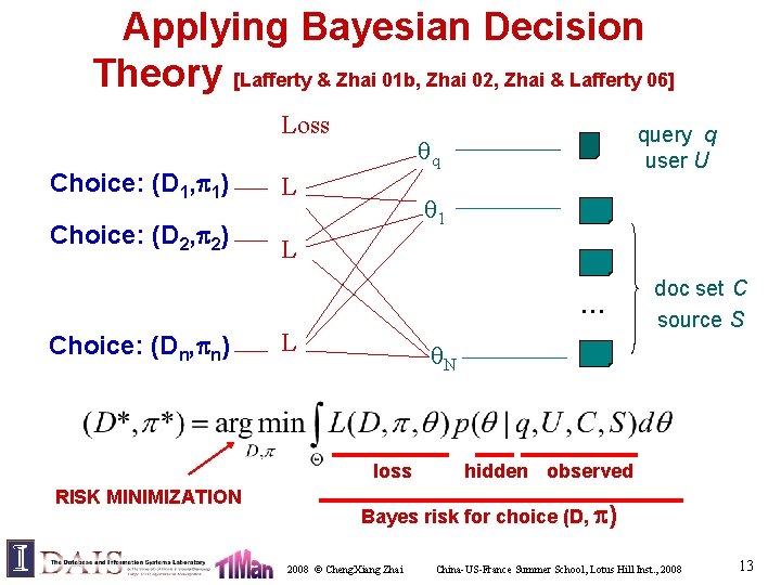 Applying Bayesian Decision Theory [Lafferty & Zhai 01 b, Zhai 02, Zhai & Lafferty