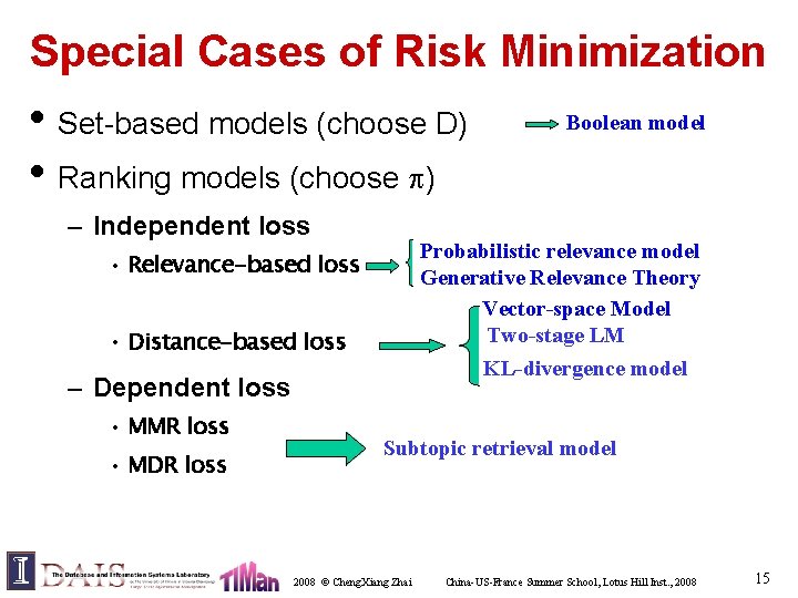 Special Cases of Risk Minimization • Set-based models (choose D) • Ranking models (choose