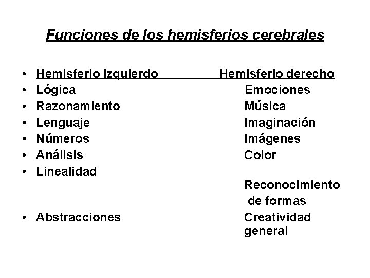 Funciones de los hemisferios cerebrales • • Hemisferio izquierdo Hemisferio derecho Lógica Emociones Razonamiento