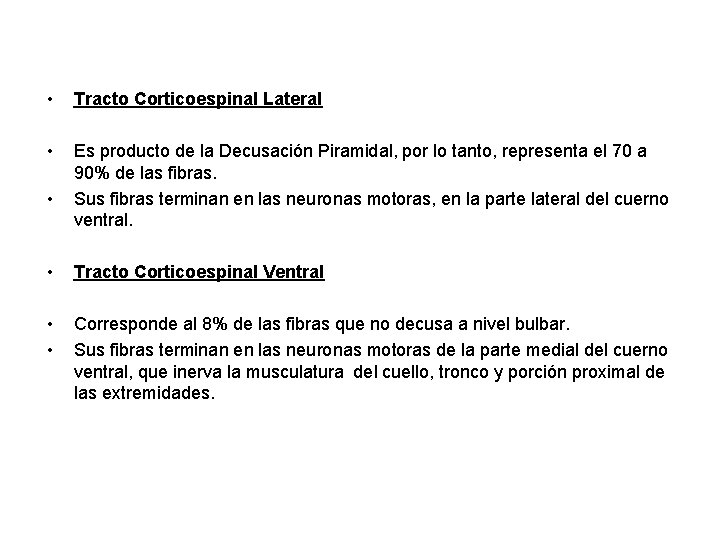  • Tracto Corticoespinal Lateral • Es producto de la Decusación Piramidal, por lo