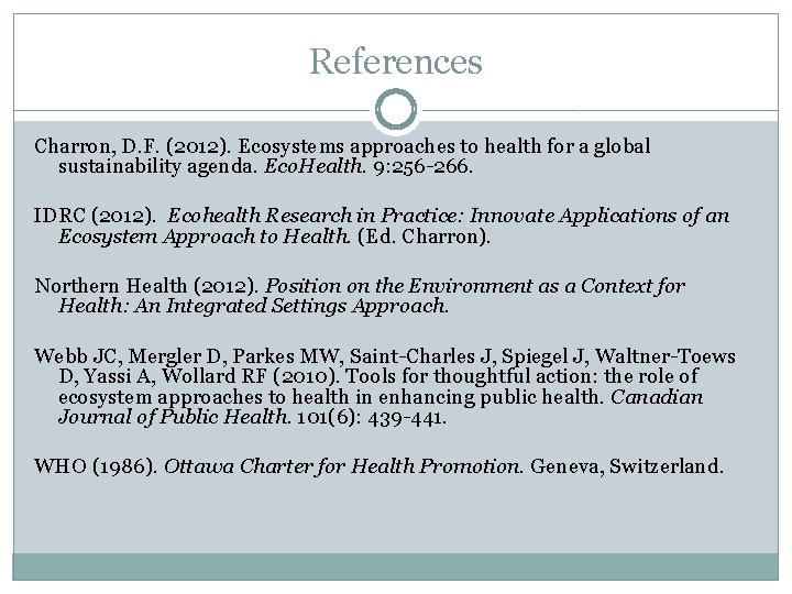 References Charron, D. F. (2012). Ecosystems approaches to health for a global sustainability agenda.