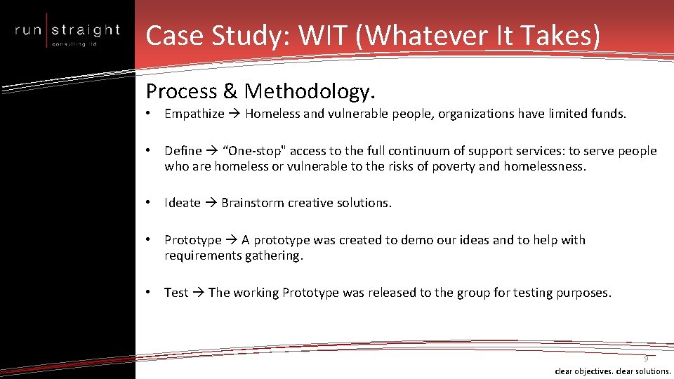 Case Study: WIT (Whatever It Takes) Process & Methodology. • Empathize Homeless and vulnerable