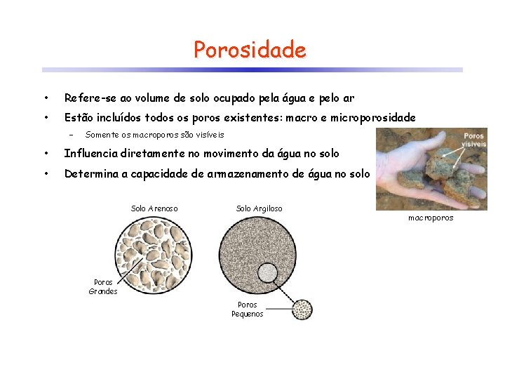 Porosidade • Refere-se ao volume de solo ocupado pela água e pelo ar •