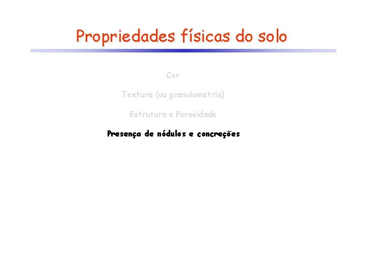 Propriedades físicas do solo Cor Textura (ou granulometria) Estrutura e Porosidade Presença de nódulos