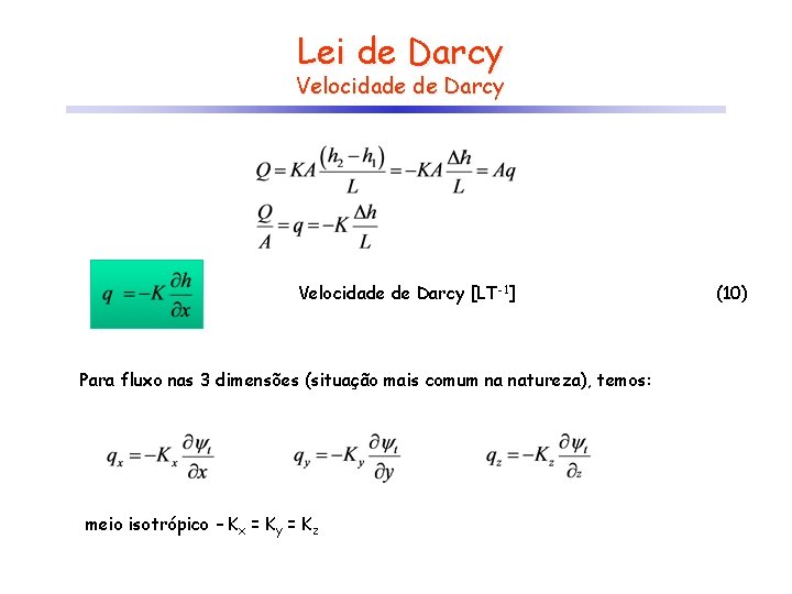 Lei de Darcy Velocidade de Darcy [LT-1] Para fluxo nas 3 dimensões (situação mais