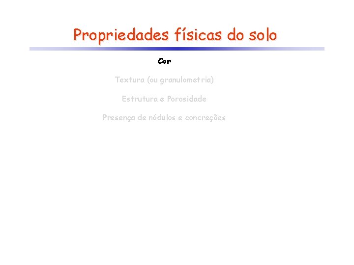 Propriedades físicas do solo Cor Textura (ou granulometria) Estrutura e Porosidade Presença de nódulos