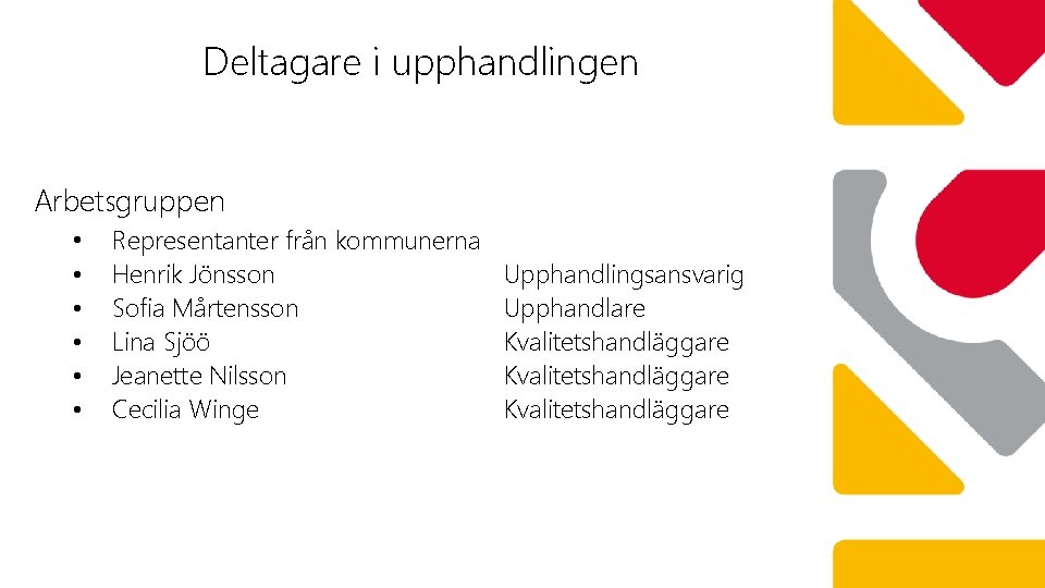 Deltagare i upphandlingen Arbetsgruppen • • • Representanter från kommunerna Henrik Jönsson Sofia Mårtensson