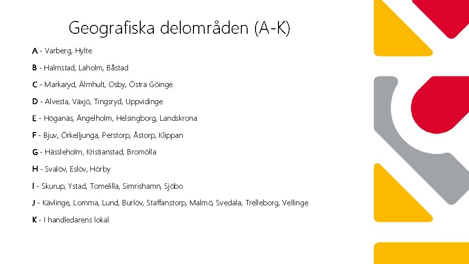 Geografiska delområden (A-K) A - Varberg, Hylte B - Halmstad, Laholm, Båstad C -