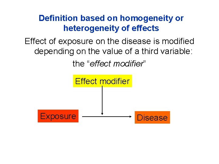 Definition based on homogeneity or heterogeneity of effects Effect of exposure on the disease