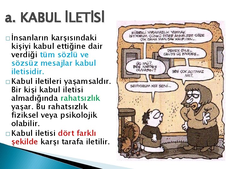 a. KABUL İLETİSİ � İnsanların karşısındaki kişiyi kabul ettiğine dair verdiği tüm sözlü ve