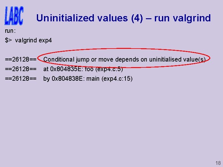 Uninitialized values (4) – run valgrind run: $> valgrind exp 4 ==26128== Conditional jump