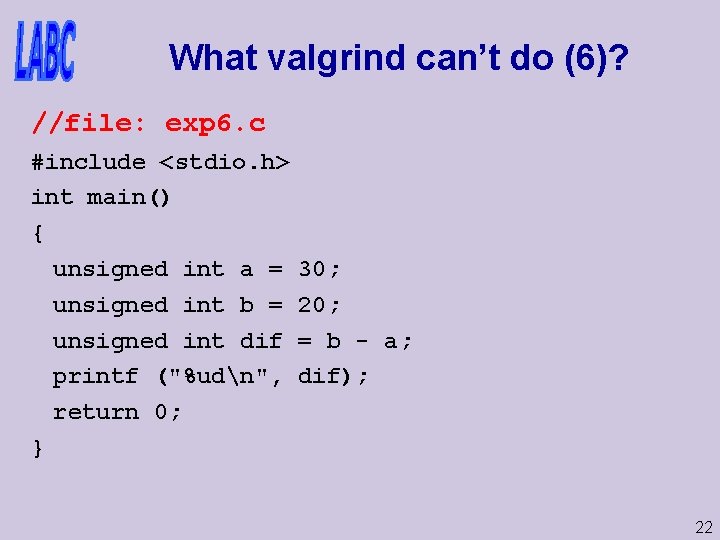 What valgrind can’t do (6)? //file: exp 6. c #include <stdio. h> int main()