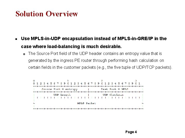 Solution Overview n Use MPLS-in-UDP encapsulation instead of MPLS-in-GRE/IP in the case where load-balancing