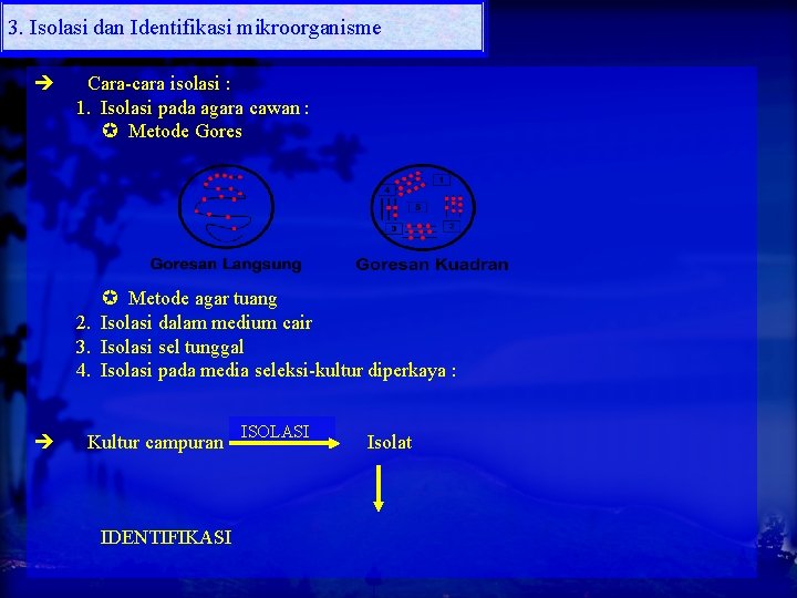 3. Isolasi dan Identifikasi mikroorganisme Cara-cara isolasi : 1. Isolasi pada agara cawan :